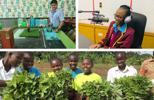 Collage of three images. From left to bottom: A student poses with his prototype; A student smiles while sitting in front of a mic and with headphones on at a radio station; students smile while holding up the greens from their garden. 