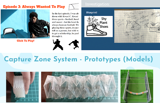 Collage of three images showing slides from students' presentations. From top left: A slide inviting audiences to listen to episode three of the students' podcast; A slide showing a blueprint drawing of Shy Plant Shoes; a slide showing three images of prototypes for a capture system for pollution. 
