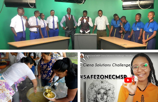 A collage of three images. From top: Students pose in front of a green screen in a recording studio; a group of women ladle food out of a pot; a screenshot of a student's webinar presentation on safe zones. 