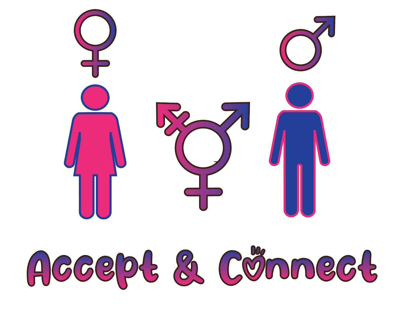 Illustration of female symbol, male symbol, and intersex symbol above the text "Accept & Connect."