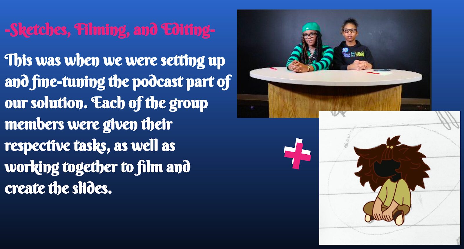A slide explaining how the group divided roles between sketching, filming, and editing. The slide has a picture of two students at a studio desk above an image of an illustrated character.