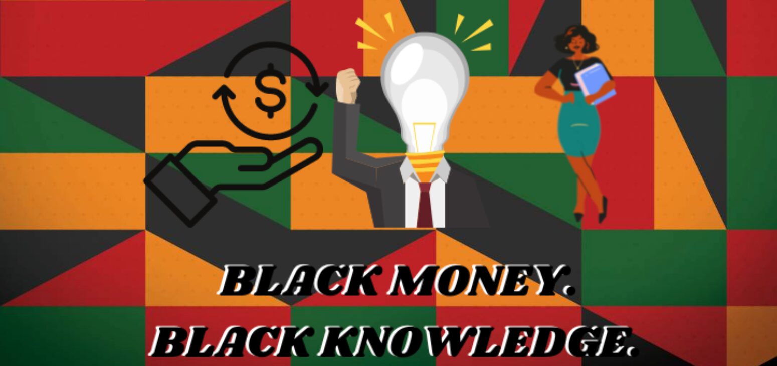A lightbulb, businesswoman, and currency icon are placed above the text "Black Money. Black Knowledge"
