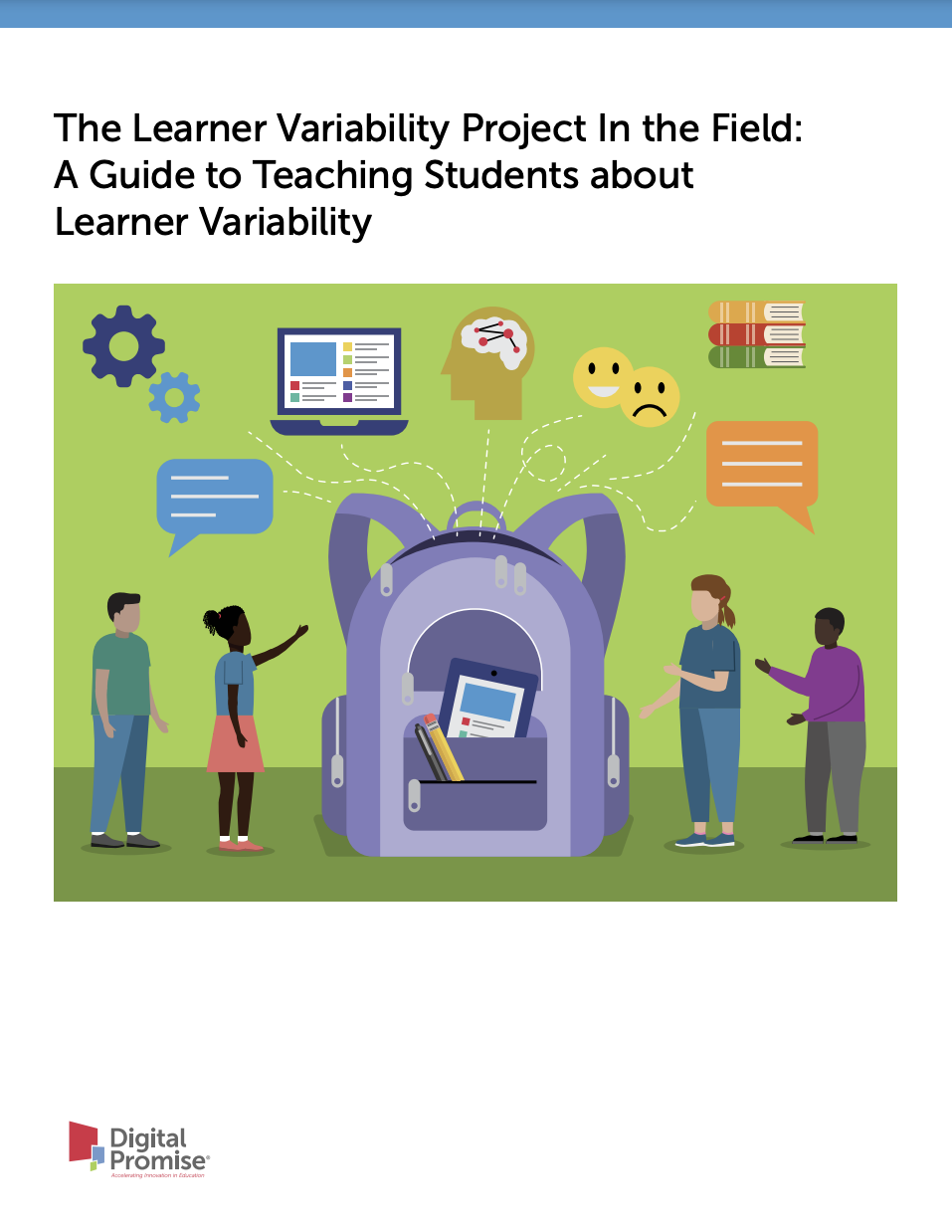 Thumbnail cover of "The Learner Variability Project In the Field:A Guide to Teaching Students about Learner Variability," contains text and visuals including a large purple backpack with various elements spilling out