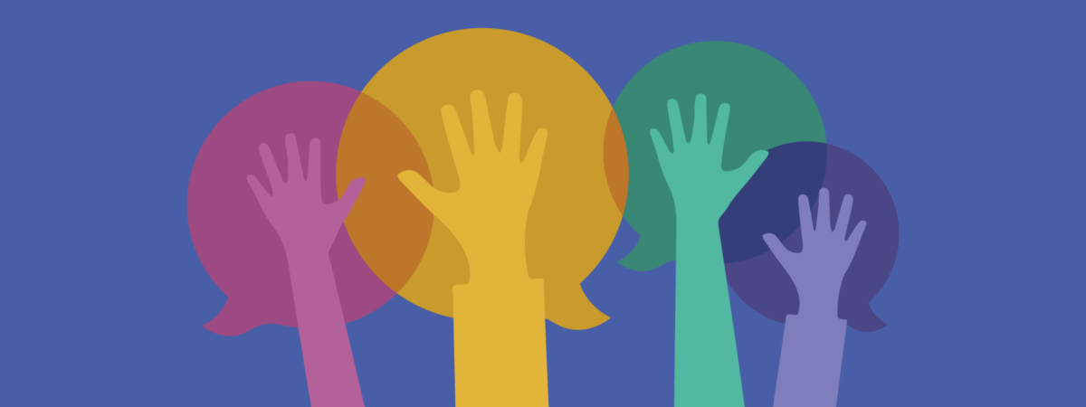Colorful illustration of speech bubbles layered on top of raised hands on a dark blue background