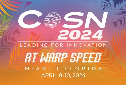Conference logo. CoSN 2024 Leading for Innovation at Warp Speed. Miami, Florida. April 8-10, 2024.