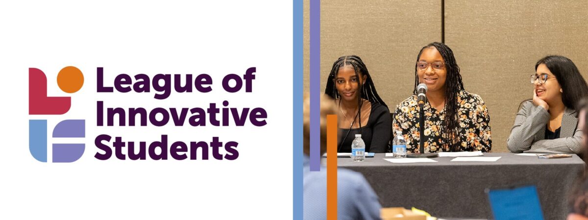 A graphic featuring the League of Innovative Students logo to the left and a photo of three students sitting at a table for a panel. One student in the middle is speaking into the microphone.
