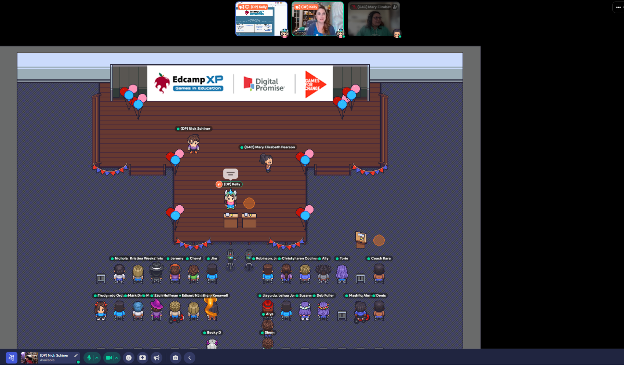 Picture of an 8 bit style room with a stage with the logos Edcamp XP, Digital Promise, and Games for Change. Avatars sit in chairs facing the stage. 
