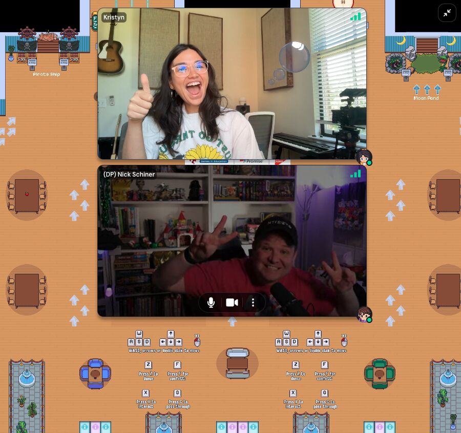 8 bit virtual lounge with two webcam screens stacked on top of each other showing the participants Nick Schiner and Kristyn smiling and giving a thumbs up
