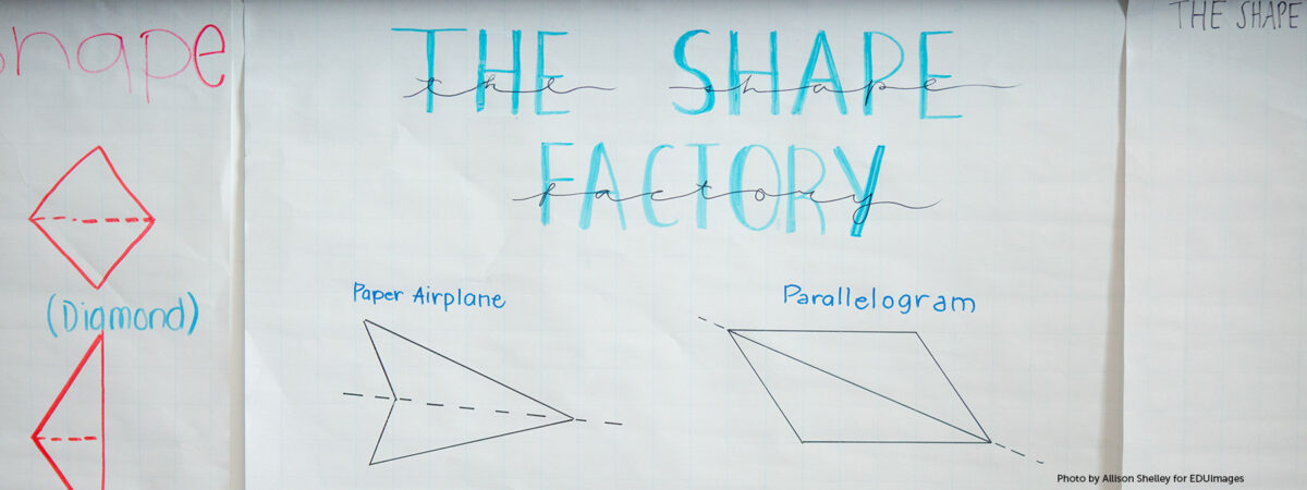 Classroom materials depict shapes and geometry concepts.