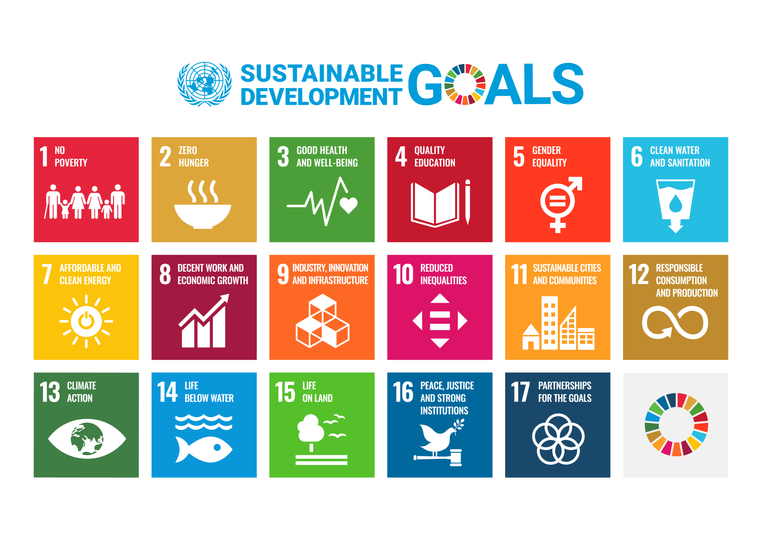 A grid of icons illustrating the 17 Sustainable Development Goals: No Poverty; Zero Hunger; Good Health and Wellbeing; Quality Education; Gender Equality; Clean Water and Sanitation; Affordable and Clean Energy; Decent Work and Economic Growth; Industry, Innovation, and Infrastructure; Reduced Inequalities; Sustainable Cities and Communities; Responsible Consumption and Production; Climate Action; Life Below Water; Life on Land; Peace, Justice, and Strong Institutions; Partnerships for the Goals. 