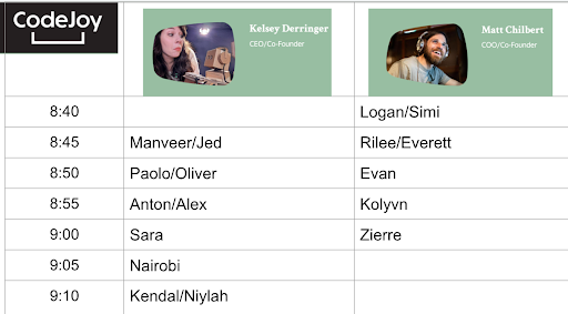 A screenshot of the schedule of meetings between students and CodeJoy staff. 