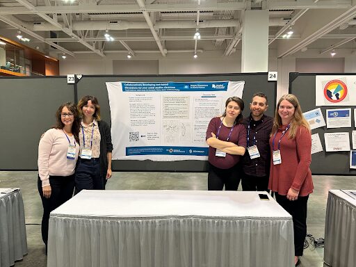 Five people stand in front of a research poster