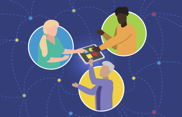 Illustration of three diverse people interacting with a tablet, surrounded by circular patterns on a blue background.