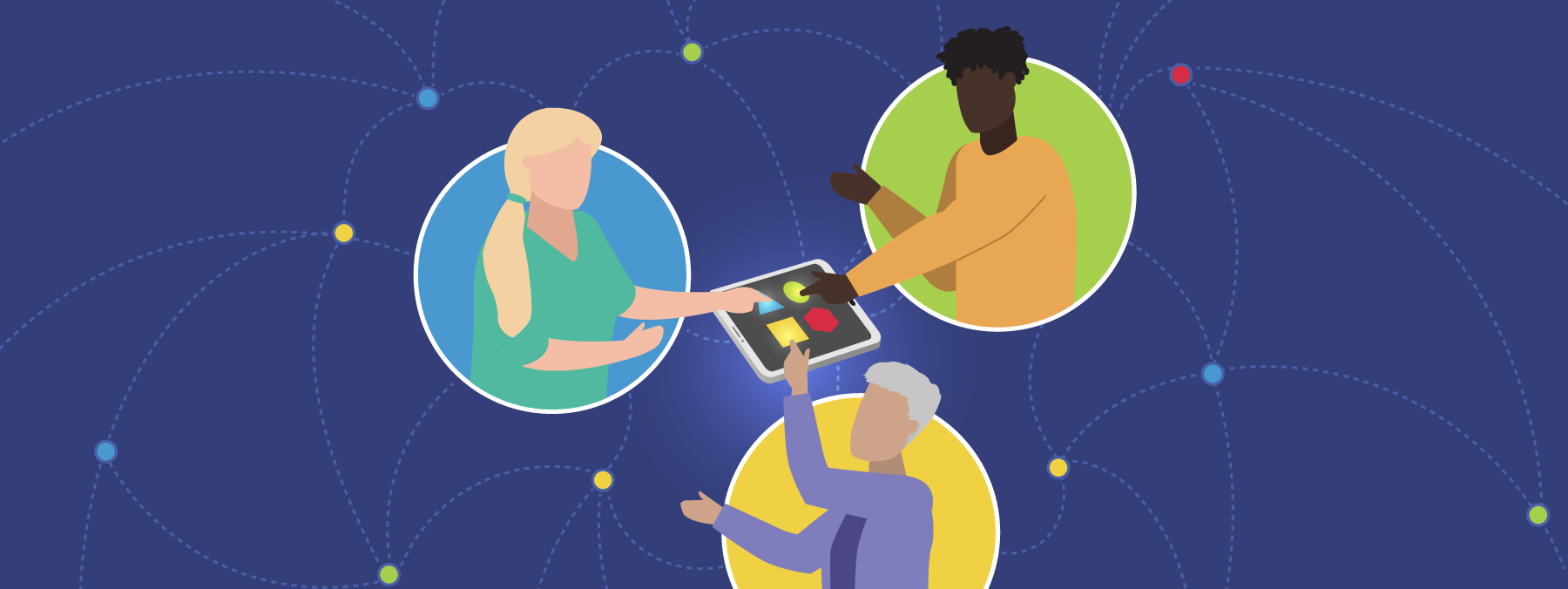 Illustration of three diverse people interacting with a tablet, surrounded by circular patterns on a blue background.