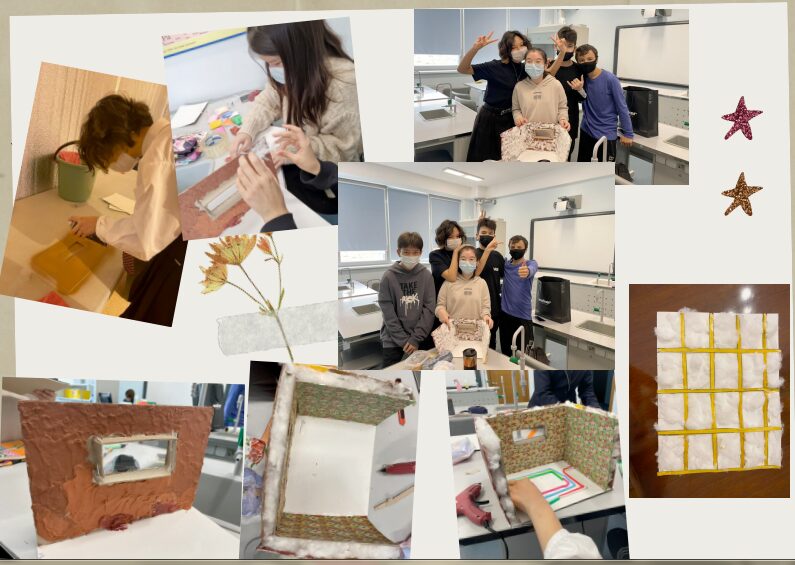 A collage of pictures showing students working in their classroom