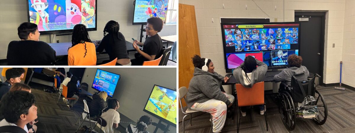 A collage of students playing video games