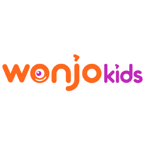 WonjoKids logo, wonjo in orange letters and kids in purple letters