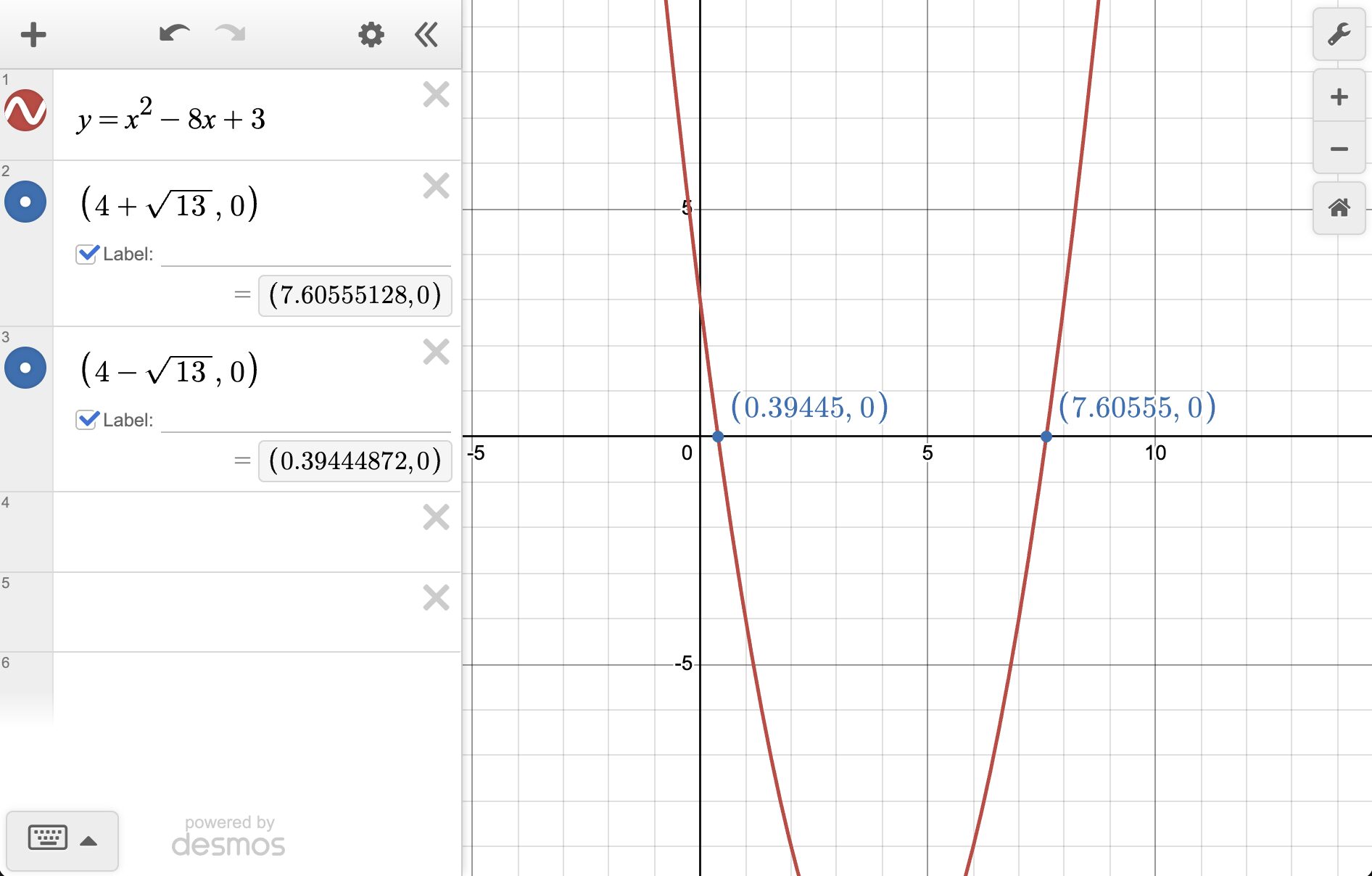A screenshot of the graph of a quadratic function with zeroes labeled at the points (0.39445, 0) and (7.60555, 0)