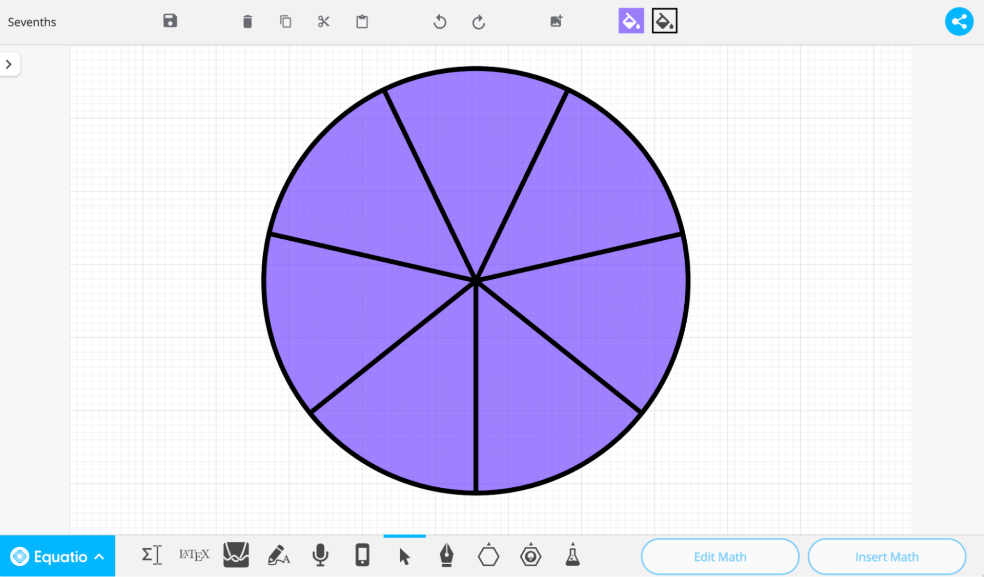 A screenshot of an Equatio Mathspace showing a circle divided into seven equally sized wedges