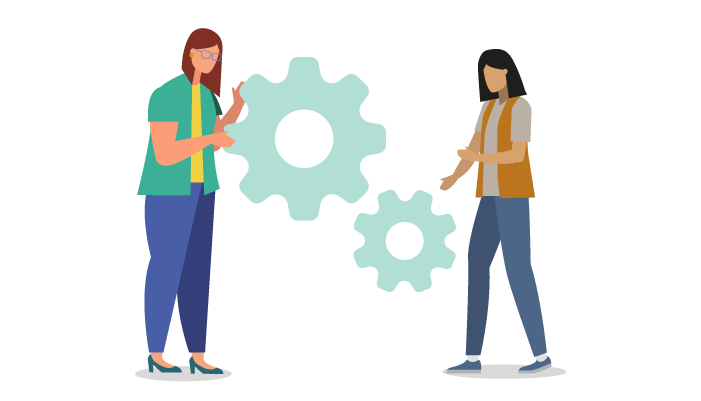 Two illustrated figures and two gears