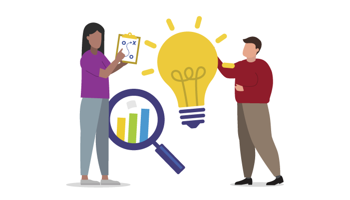 Two illustrated figures with a light bulb, magnifying class looking at a bar graph. One figure holds a clipboard.