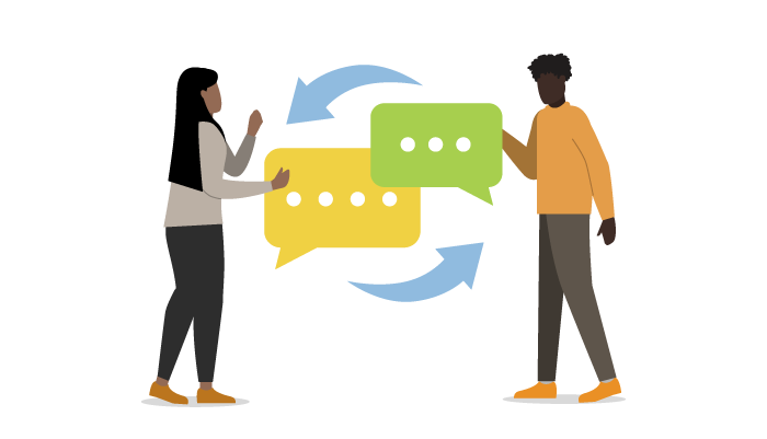 Two illustrated figures face one another with speech bubbles and cyclical arrows in between them.