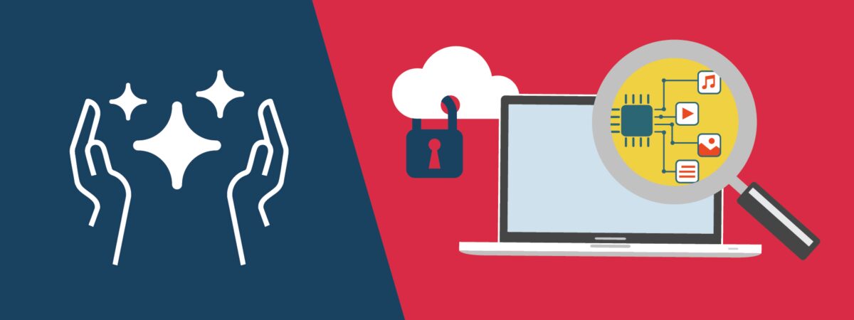 Illustration divided into two halves. The left half, with a dark blue background, shows two white hands surrounding sparkles, symbolizing creativity or innovation. The right half, with a red background, features a laptop, a cloud with a padlock representing cybersecurity, and a magnifying glass zooming in on a microchip connected to icons of media files (music, video, image, document), suggesting digital forensics or data analysis.