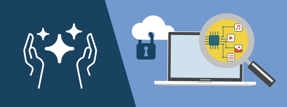 Illustration divided into two halves. The left side shows two hands with sparkling stars between them, symbolizing innovation or magic. The right side depicts a laptop connected to a cloud with a padlock icon for security. A magnifying glass focuses on a microchip and multimedia icons (music, video, image, text), representing data analysis or digital content processing.