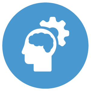 Blue circle with white icon of a head, brain, and gear