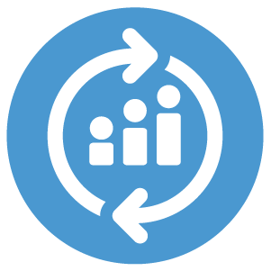 Blue circle with a white icon of three people surrounded by two cyclical arrows.