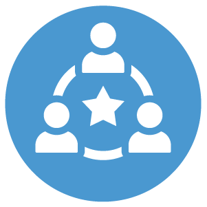 Blue circle with a white icon of three figures in a circle surrounding a star.
