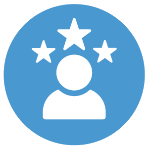 Blue circle with a white icon of a person surrounded by three stars