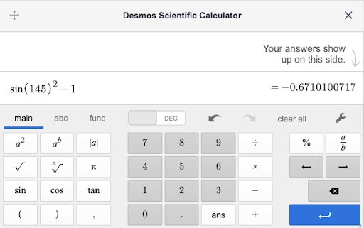 An image of a calculator with a standard 10 digit keypad, common operations of addition, subtraction, multiplication, and division, and buttons for commonly used functions, such as exponents, absolute value, nth root, and trigonometric functions of sine, cosine, and tangent. It shows a calculation of sine of 145 squared minus 1 equals approximately -0.671.