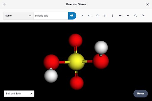 A black background with a molecule of sulfuric acid represented by a yellow sphere connected to four red spheres by lines, then two of the red spheres are each connected by lines to a white sphere. 