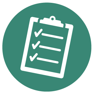 Green circle with a white icon of a clipboard with three checkmarks.