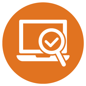 Orange circle with a white icon of a magnifying glass and checkmark, overlaid on an open laptop.
