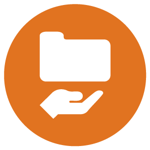 Orange circle with a white icon of a hand holding a file folder.