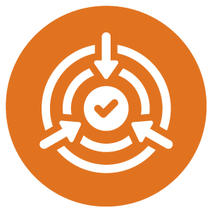 Orange circle with a white icon of a target. Three arrows point to the bullseye. There is a checkmark on the bullseye.