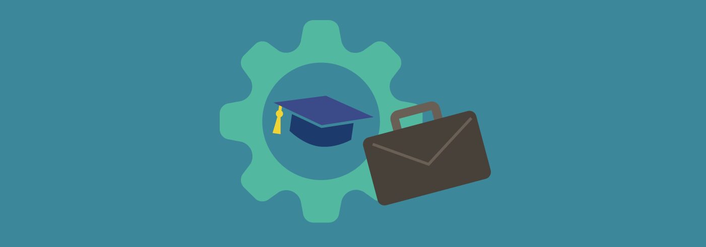 Two icons are featured in this graphic, one that has a gear with a graduation cap in the center, and the other is a briefcase.