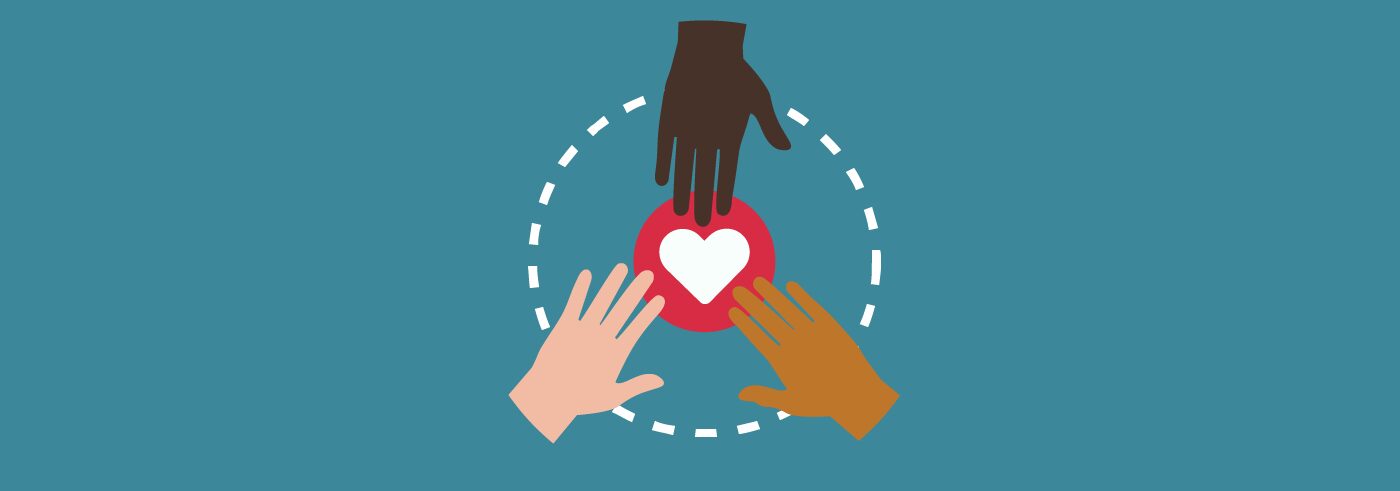 A graphic of three hands reaching toward a heart icon, with a dashed white circle connecting them.