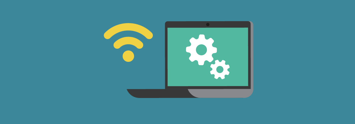 A graphic that displays a laptop with gears on the screen and a Wi-Fi connection symbol.