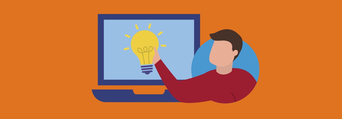 A graphic of an educator in a red long sleeved shirt indicating toward a computer screen with a lightbulb on it.