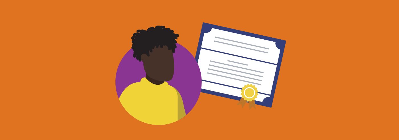 A graphic of an educator in a yellow shirt with a credential certificate next to them.