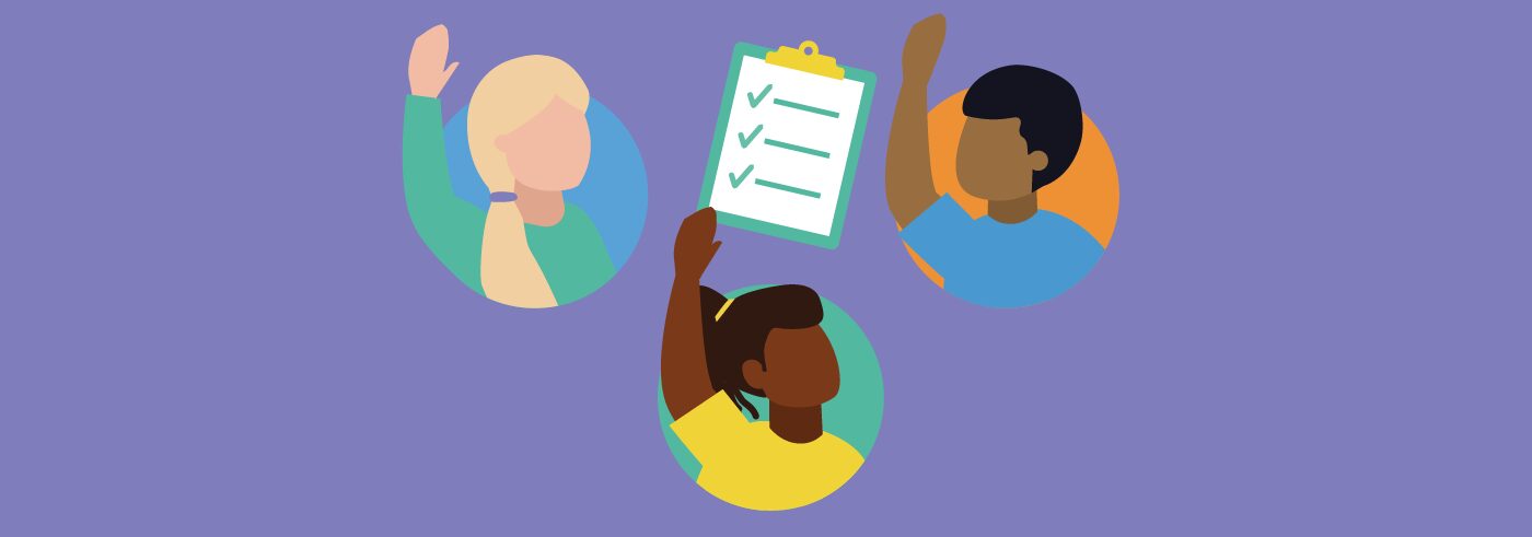 An image of three students with their arms raised. In the center is a clipboard with a checklist.
