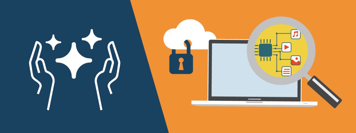 Split image showing hands with sparkles on the left and a secure laptop with a magnifying glass examining digital content on the right with an orange background
