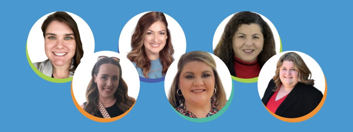 Headshot photos of six people on a blue background