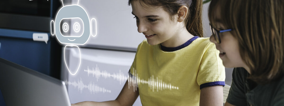 Children using system AI Chatbot in computer or mobile application. Chatbot conversation, Ai Artificial Intelligence technology. OpenAI generate. Futuristic technology. Virtual assistant on internet. Photo by mikimad