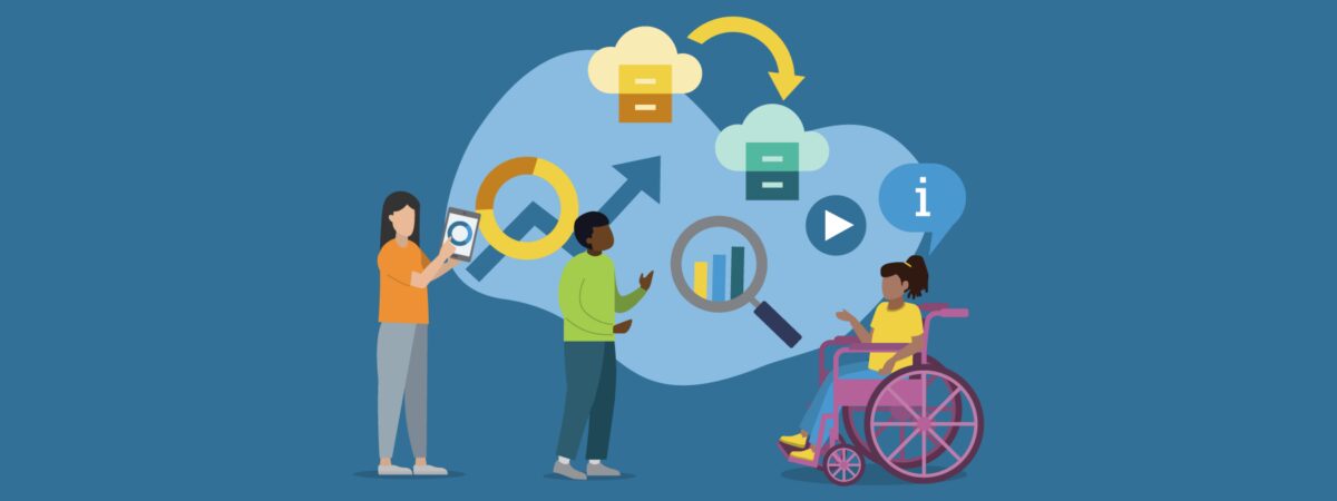 Illustration of three diverse individuals interacting with digital data and technology icons. One person is using a tablet, another is speaking, and a third person is in a wheelchair pointing toward icons including a cloud, magnifying glass with a bar chart, play button, and information symbol. Background features arrows and cloud storage imagery, suggesting data sharing or analysis.