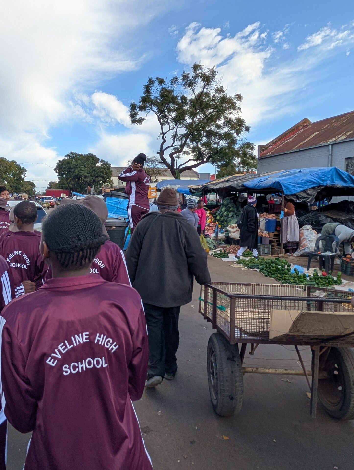 Students walk through the market wearing jackets that say Eveline High School on the back. On the right hand side is a man pulling a cart next to a row of produce stands. 