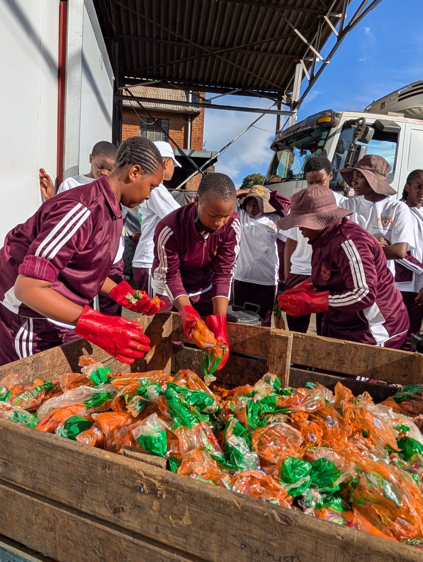 Three students wearing rubber gloves pick carrots out of a large crate. 